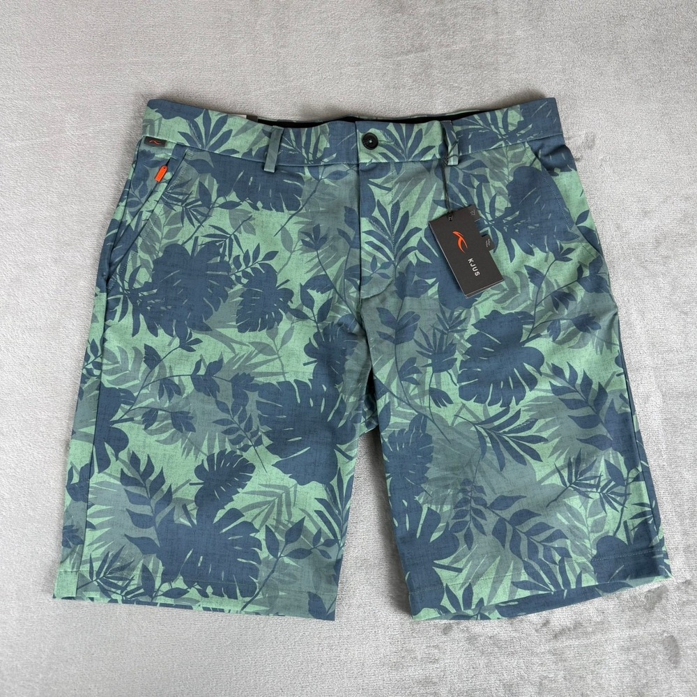 KJUS Iver Printed Golf Shorts Mens 35 Mineral Blue Green Floral Stretch $139 NWT